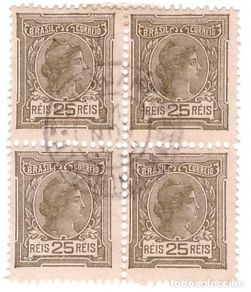 Francobolli: BRASIL • ALEGORÍA DE LA REPÚBLICA • BLOQUE DE 4 SELLOS DE 25 REIS • 1919